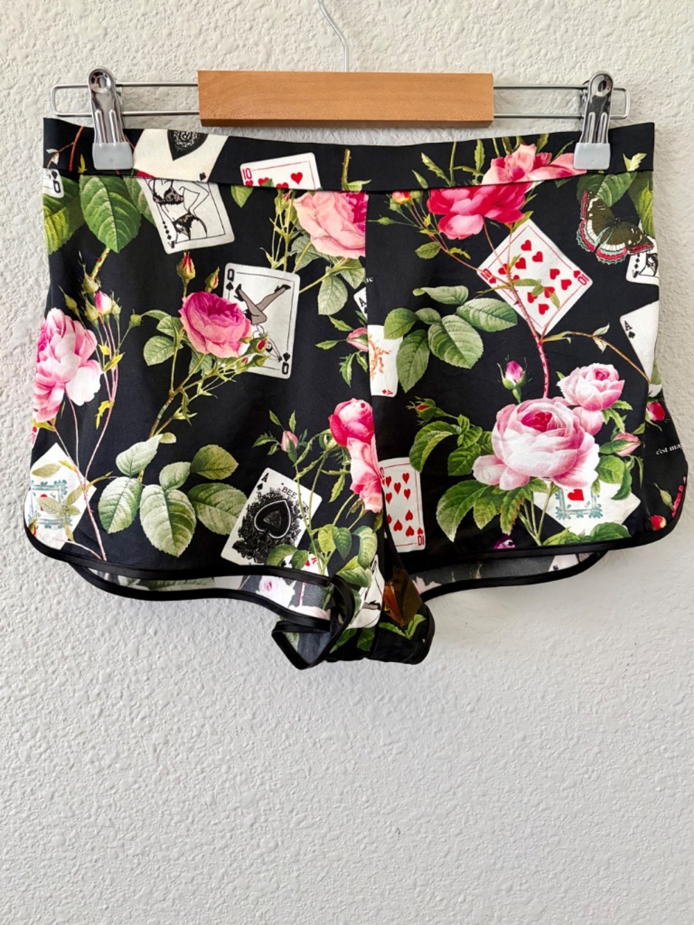 Fleur Du Mal Playing Cards Silk Pajama Shorts Size S Black Pink Roses Flirty